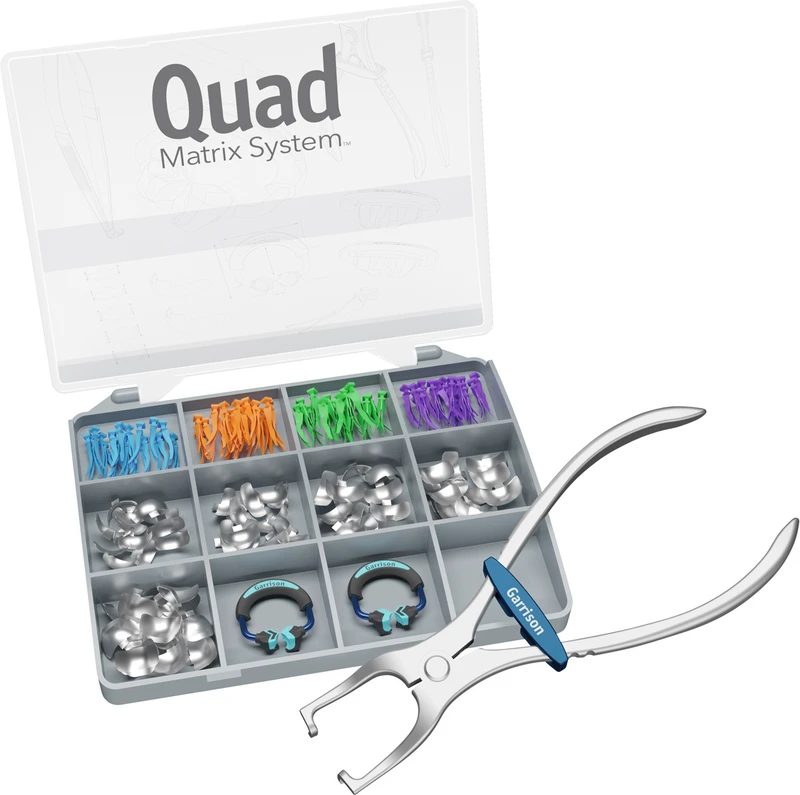 Quad-Teilmatrizensystem   Quad Sectional Matrix System Intro Kit  2 Ringe, 100 Bänder, 80 Keile, 1 Ringseparierzange