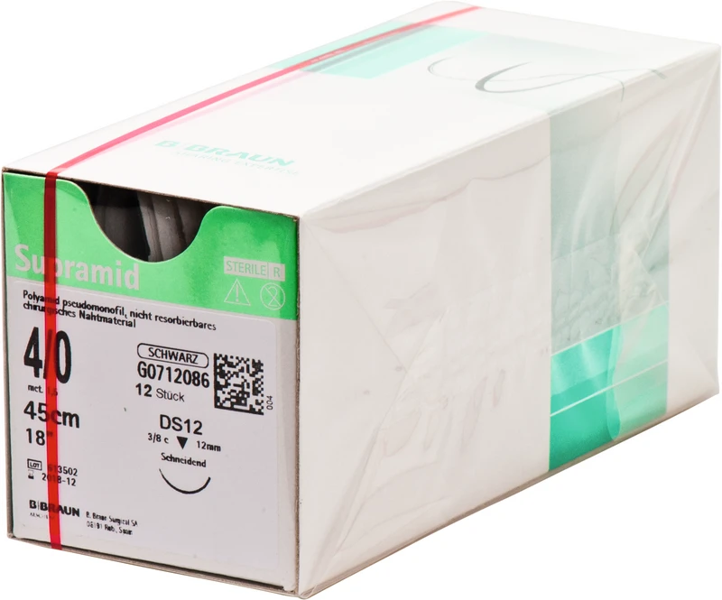 Supramid  Packung  36 Stück schwarz, 45 cm, DS12, 3\8 Kreis, schneidend, 12 mm, USP 4\0