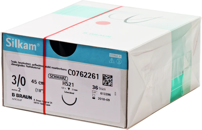 Silkam®  Packung  36 Stück schwarz, 45 cm, HS21, 1\2 Kreis, schneidend, 21 mm, USP 3\0