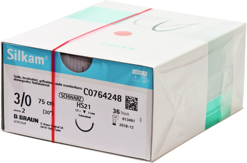 Silkam®  Packung  36 Stück schwarz, 75 cm, HS21, 1\2 Kreis, schneidend, 21 mm, USP 3\0