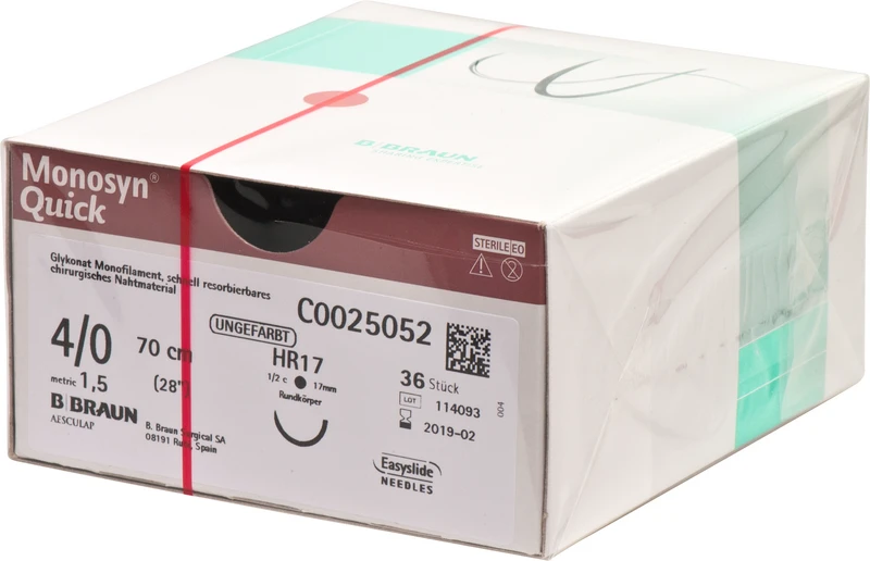 Monosyn® Quick  Packung  36 Stück ungefärbt, 70 cm, HR17, 1\2 Kreis, Rundkörper, 17 mm, USP 4\0