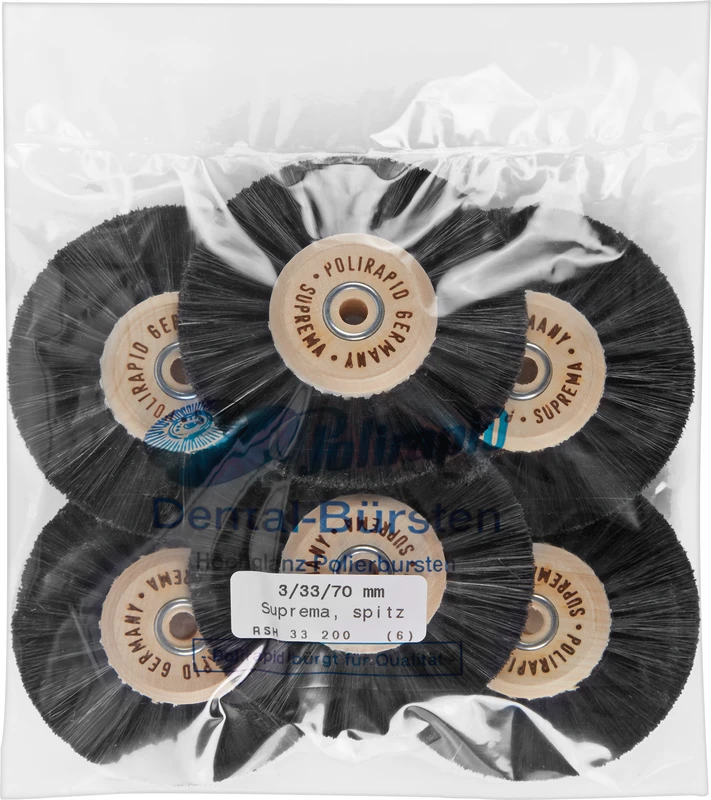 Suprema Rundbürsten  Packung  6 Stück mit Holzkern, 3-reihig, spitz, Kern: 33 mm, Außen: 70 mm