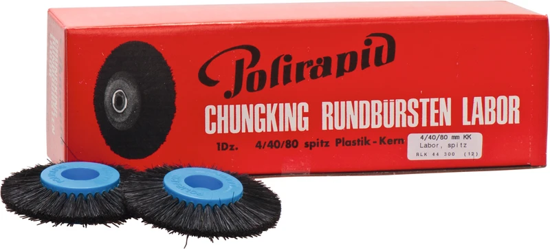 Labor Rundbürsten  Packung  12 Stück mit KK, 4-reihig, Chungking schwarz, spitz, Kern: Ø 40 mm, Außen: Ø 80 mm