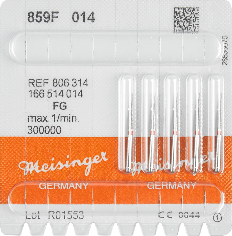 Diamanten 859  Packung  5 Stück rot fein, FG, Figur 166 kon. spitz, 10 mm, ISO 014