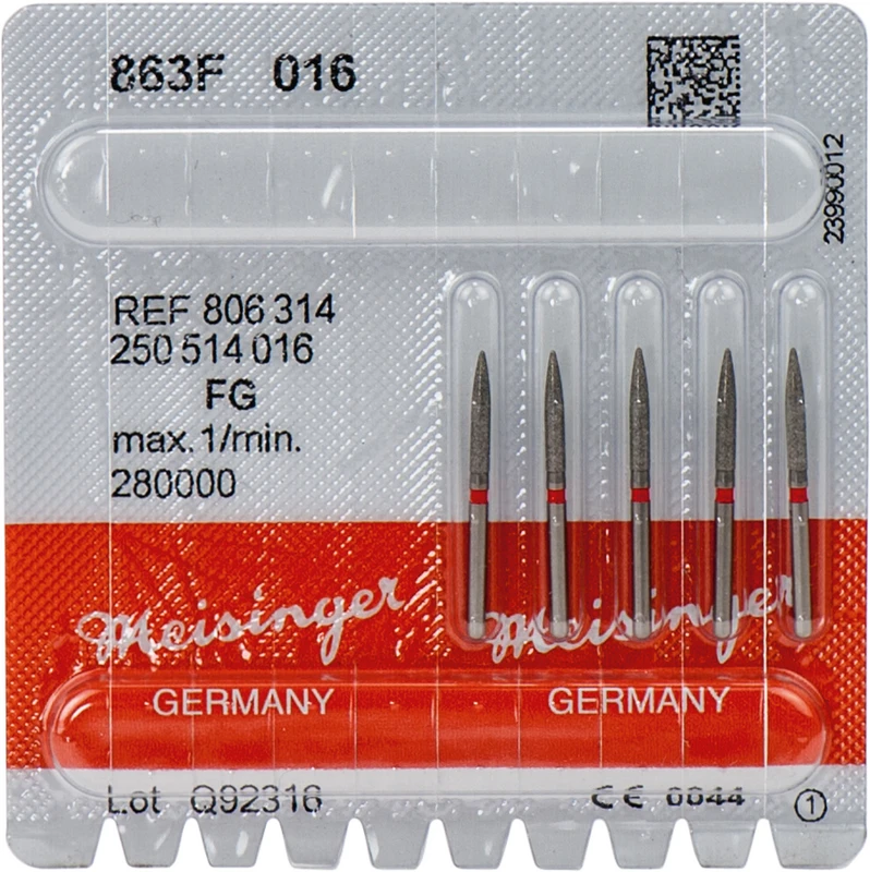 Diamanten 863  Packung  5 Stück rot fein, FG, Figur 250 Flamme, 10 mm, ISO 016