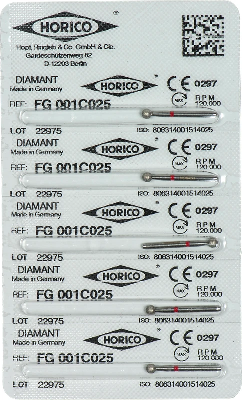 Diamantschleifer 001  Packung  5 Stück rot fein, FG, Figur 001, rot ISO 025
