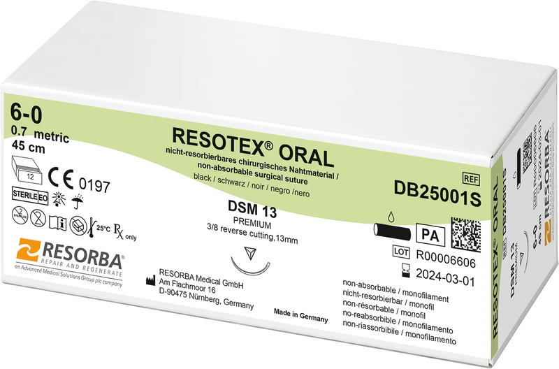 Resotex® Oral  Packung  12 Stück schwarz, 45 cm, DSM13 silber, 3\8 Kreis, außen schneidend, 13 mm, USP 6\0