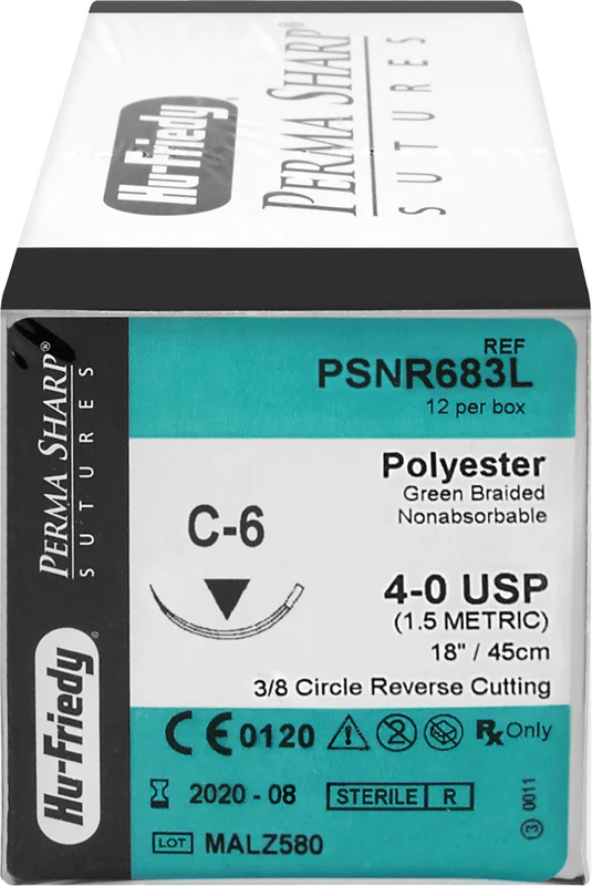 Perma Sharp Polyester  Packung  12 Stück grün, 45 cm, C-6, 3\8 Kreis, schneidend, Rückstich, 18,7 mm, USP 4\0