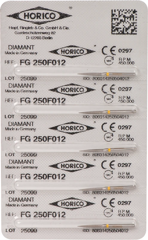 Diamantschleifer 250  Packung  5 Stück gelb x-fein, FG, Figur 250, 10 mm, ISO 012