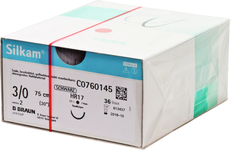 Silkam®  Packung  36 Stück schwarz, 75 cm, HR17, 1\2 Kreis, Rundkörper, 17 mm, USP 3\0