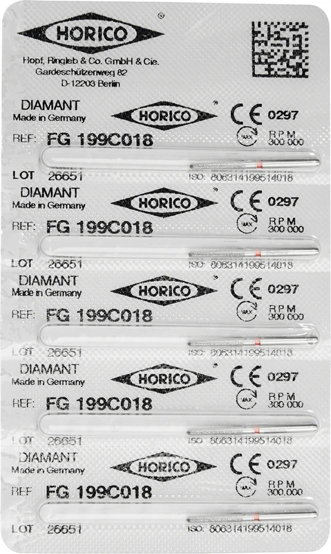 Diamantschleifer 199  Packung  5 Stück rot fein, FG, Figur 199, 10 mm, ISO 018