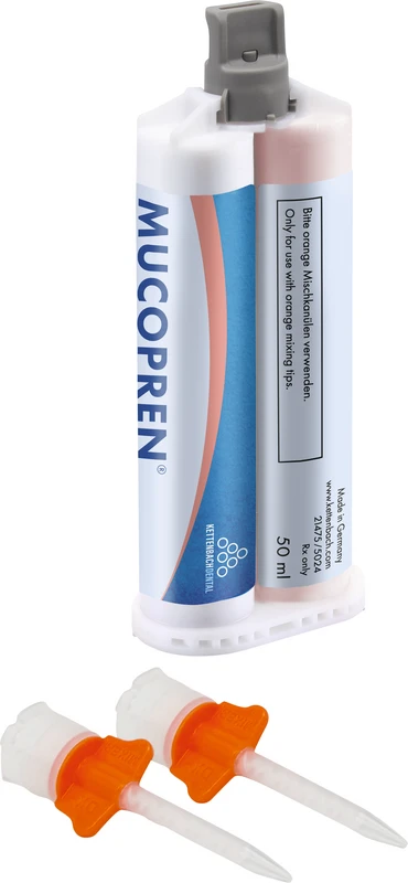Mucopren® Versieglungssilikon   Packung  50 ml Doppelkartusche, 8 Mischkanülen orange