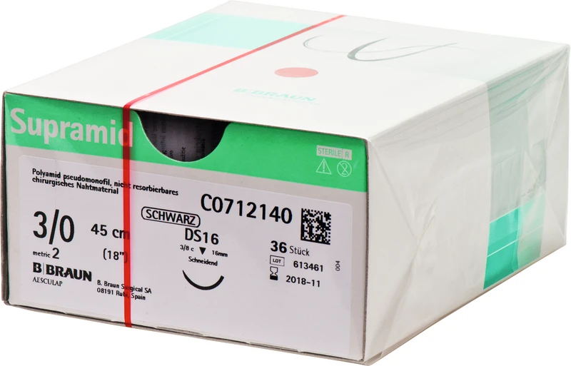 Supramid  Packung  36 Stück schwarz, 45 cm, DS16, 3\8 Kreis, schneidend, 16 mm, USP 3\0
