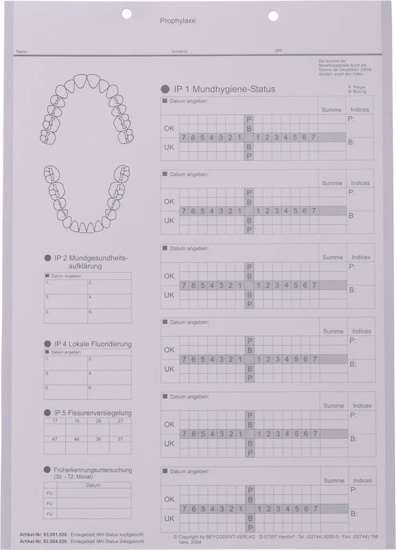 Einlegeblatt Mundhygiene-Status  Packung  100 Stück, kopfgelocht