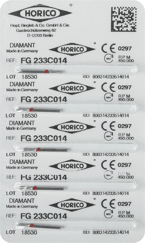 Diamantschleifer 233  Packung  5 Stück rot fein, FG, Figur 233, 2,6 mm, ISO 014