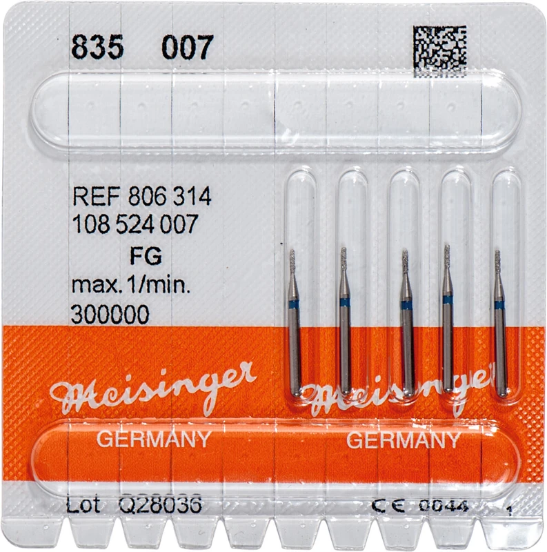 Diamanten 835  Packung  5 Stück blau mittel, FG, Figur 108 Zylinder, 3 mm, ISO 007