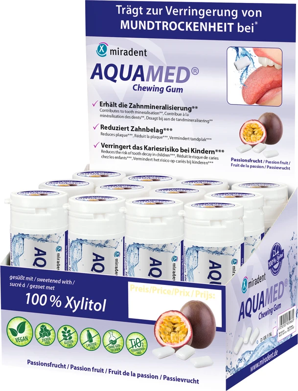 miradent Aquamed® Zahnpflegekaugummi  Packung  Display Dose 12 x 30 g Dragees