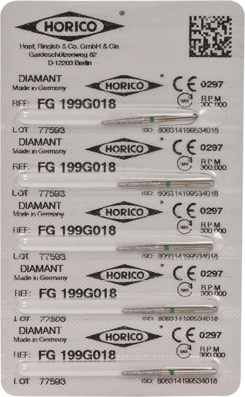 Diamantschleifer 199  Packung  5 Stück grün grob, FG, Figur 199, 10 mm, ISO 018