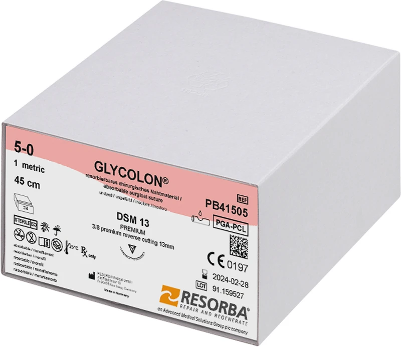 Glycolon® Monofil   Packung  24 Stück ungefärbt, 45 cm, DSM13, 3\8 Kreis, außen schneidend, 13 mm, USP 5\0