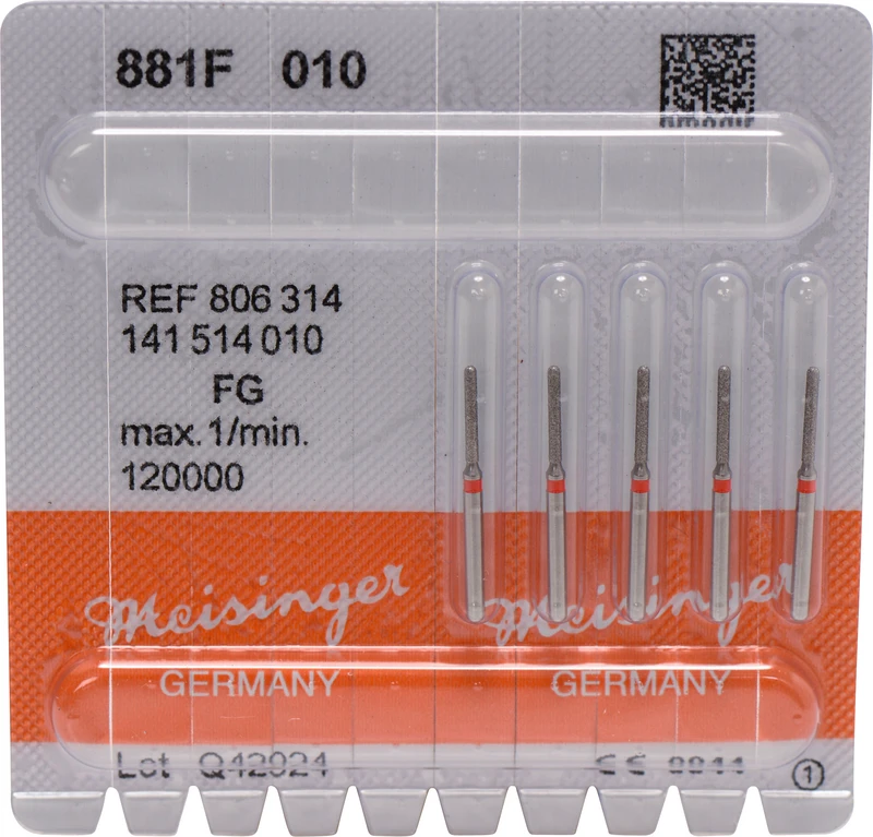 Diamanten 881  Packung  5 Stück rot fein, FG, Figur 141 Zylinder rund, 8 mm, ISO 010