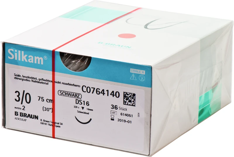 Silkam®  Packung  36 Stück schwarz, 75 cm, DS16, 3\8 Kreis, schneidend, 16 mm, USP 3\0