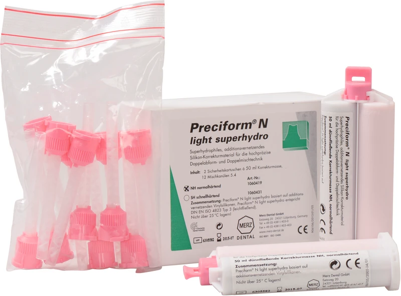 Preciform® N light superhydro  Packung  2 x 50 ml Doppelkartusche orange normalhärtend, 12 Mischkanülen pink