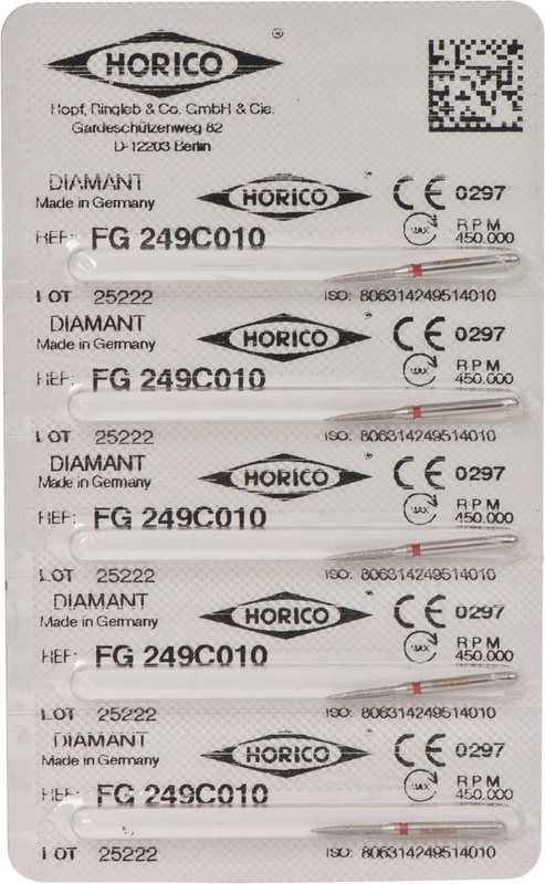 Diamantschleifer 249  Packung  5 Stück rot fein, FG, Figur 249, 8 mm, ISO 010