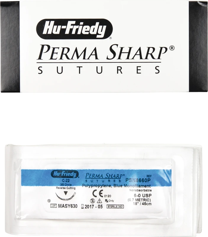 Perma Sharp Polypropylen  Packung  12 Stück blau, 45 cm, C-22, 3\8 Kreis, schneidend, Rückstich, 16,2 mm, USP 6\0