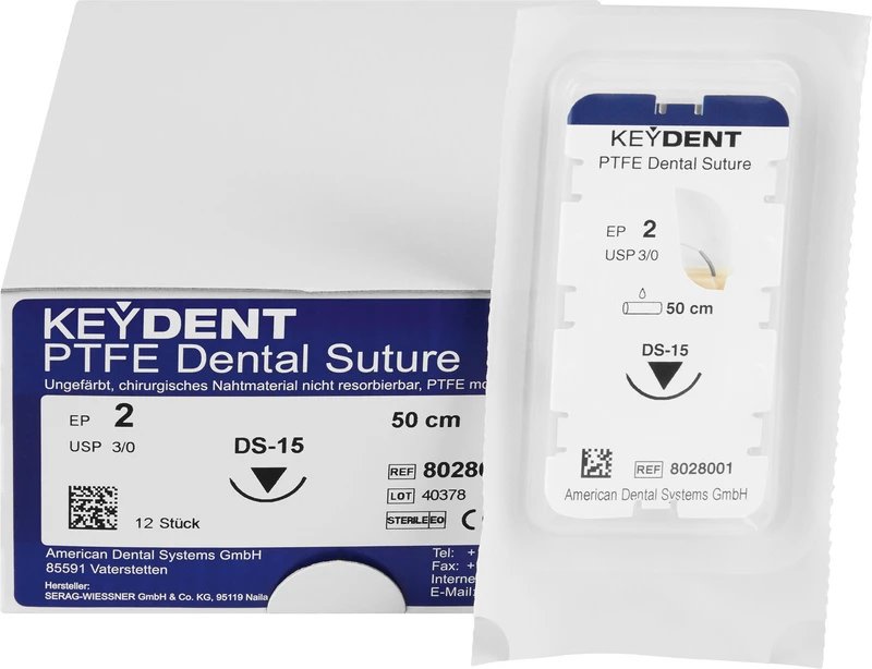 KEYDENT PTFE  Packung  12 Stück 50 cm, Edelstahl, DS-15, USP 3\0