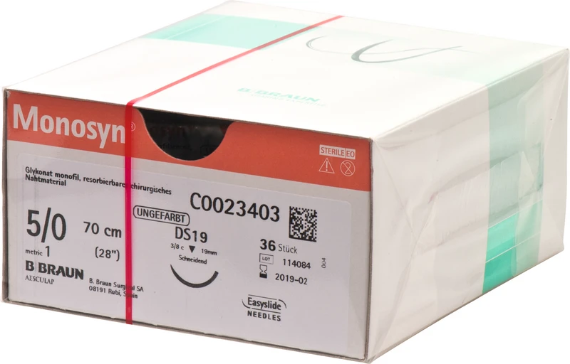 Monosyn®  Packung  36 Stück ungefärbt, 70 cm, DS19, 3\8 Kreis, schneidend, 19 mm, USP 5\0