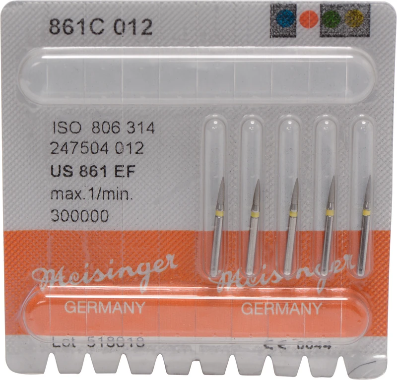 Diamanten 861  Packung  5 Stück gelb extra fein, FG, Figur 247 Flamme, 5 mm, ISO 012