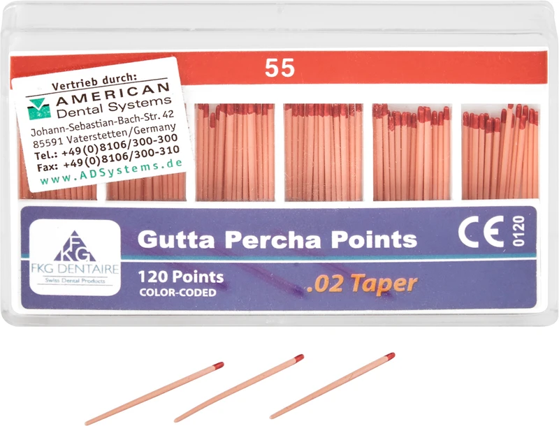 FKG Gutta Percha  Packung  120 Stück Taper.02 ISO 055