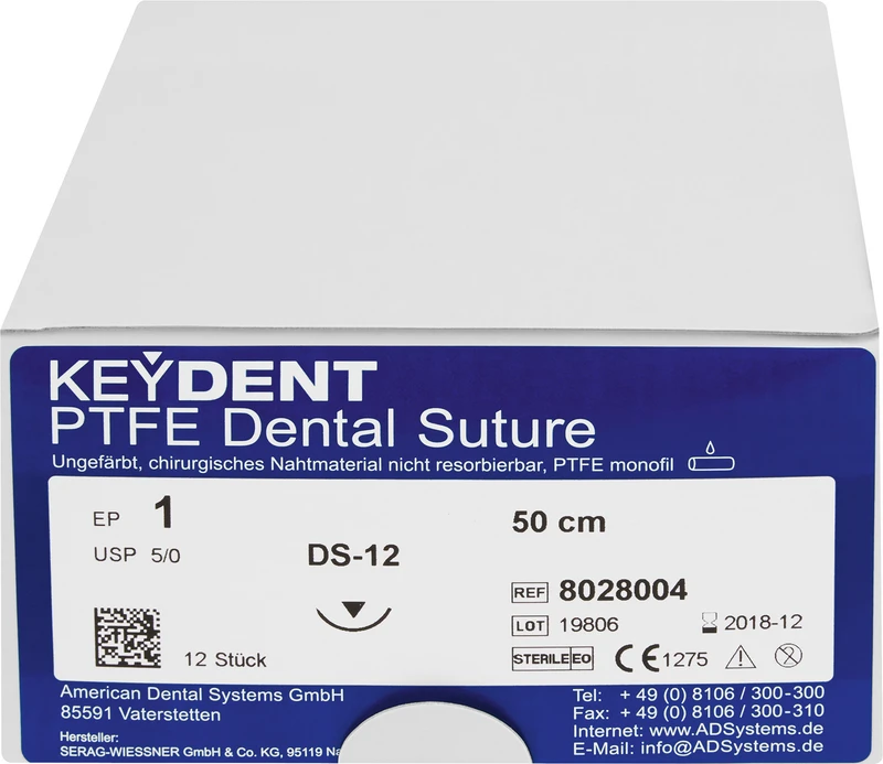 KEYDENT PTFE  Packung  12 Stück 50 cm, Edelstahl, DS-12, USP 5\0