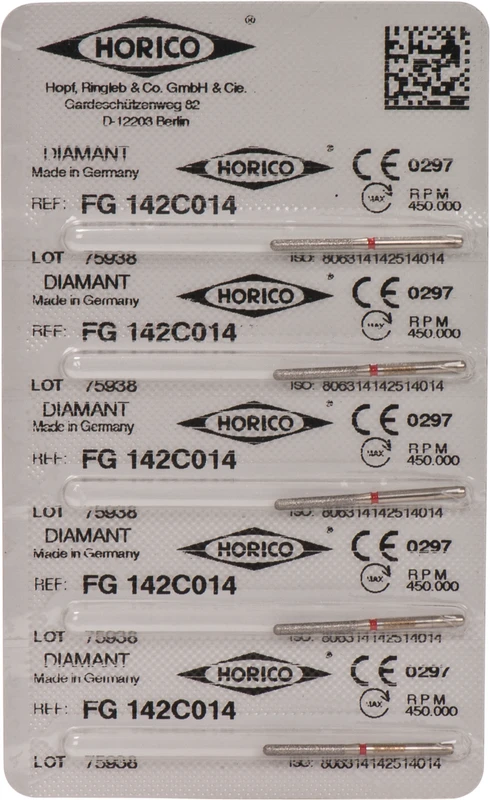 Diamantschleifer 142  Packung  5 Stück rot fein, FG, Figur 142, 10 mm, ISO 014