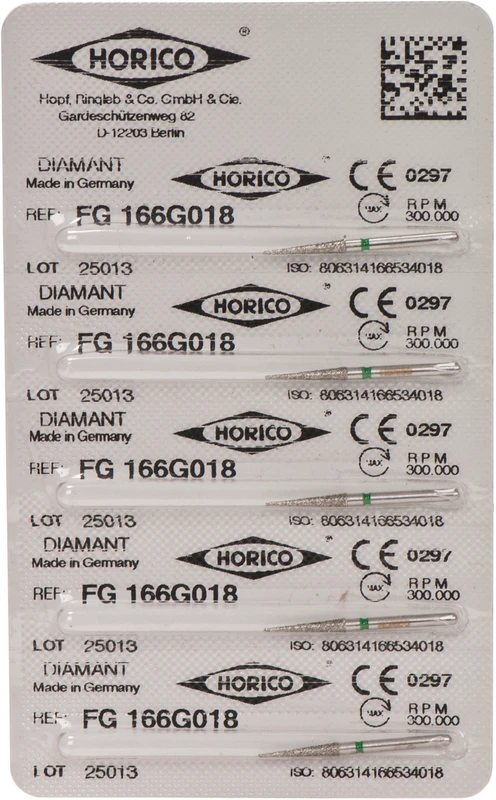 Diamantschleifer 166   Blister  5 Stück grün grob, FG, Figur 166, 10 mm, ISO 018