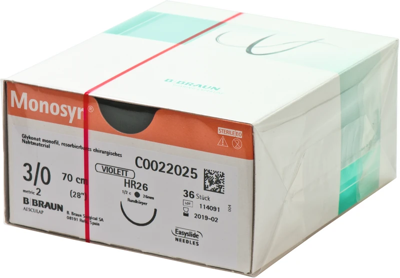 Monosyn®  Packung  36 Stück violett, 70 cm, HR26, 1\2 Kreis, Rundkörper, 26 mm, USP 3\0