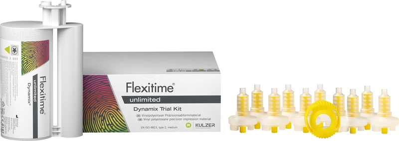 Flexitime® unlimited   Trial Kit Dynamix  380 ml Kartusche, 10 Tips, 1 Fixationsring, 1 Gebrauchsinformation, 1 Guide