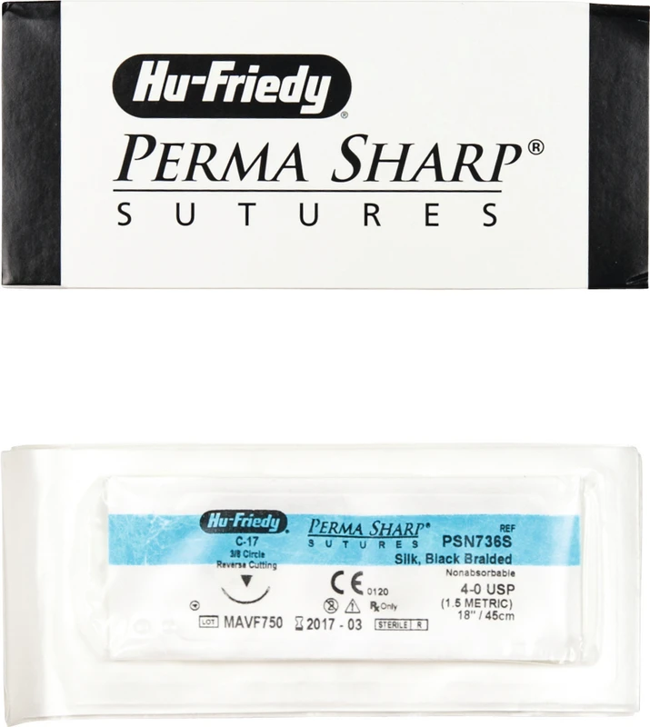 Perma Sharp Seide  Packung  12 Stück schwarz, 45 cm, 4-0, C-17, 3\8 Kreis, schneidend, Rückstich, 12 mm, USP 4\0