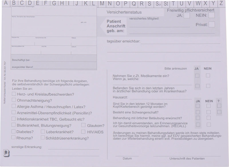 Notfall-\ Urlauberkartei   Packung  100 Stück