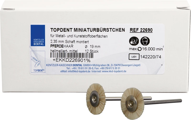 TOPDENT MINIATURBürstchen  Packung  12 Stück HP, Pferdehaar hellmeliert mittel, Ø 19 mm