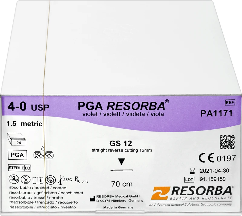 RESORBA® PGA  Packung  24 Stück ungefärbt, 70 cm, GS12, gerade, schneidend, 12 mm, USP 4\0