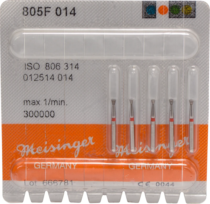 Diamanten 805  Packung  5 St. rot fein, FG, Fig. 012 umgek. Kegel, Kante scharf, 1,5 mm, ISO 014