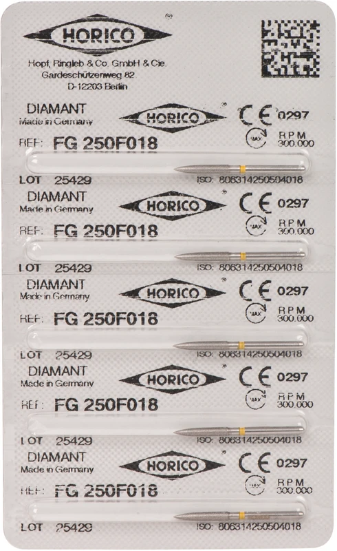 Diamantschleifer 250  Packung  5 Stück gelb x-fein, FG, Figur 250, 10 mm, ISO 018