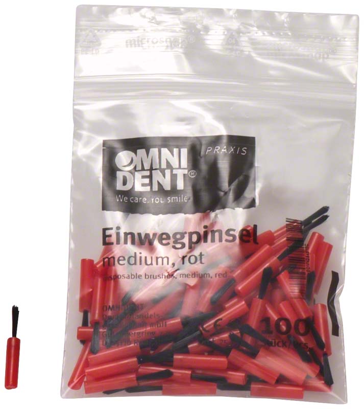 Einwegpinsel  Packung  100 Stück rot, Haar schwarz und lang, mittel