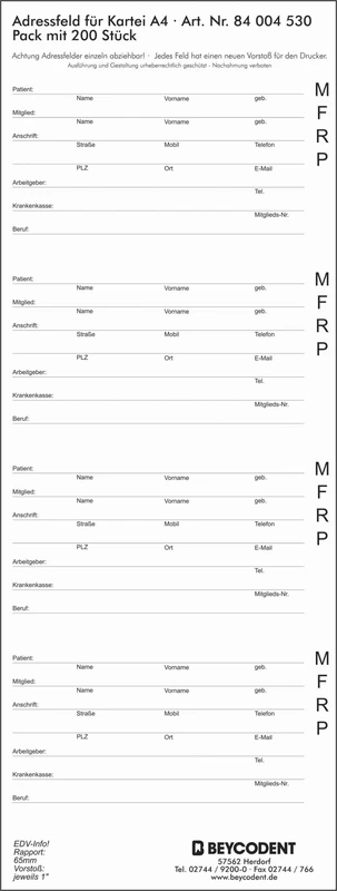 Adressfeldstreifen Typ 4530   Packung  200 Stück