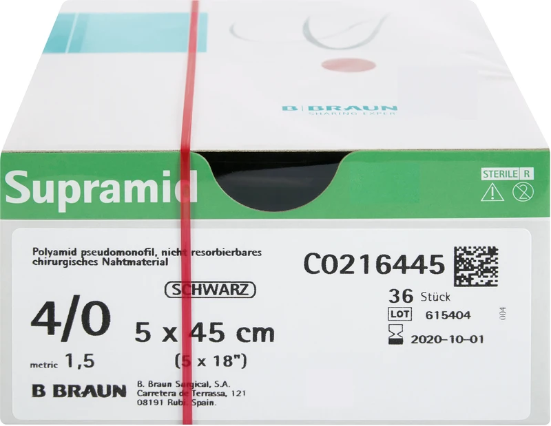 Supramid  Packung  36 Stück schwarz, 5 x 45 cm, USP 4\0