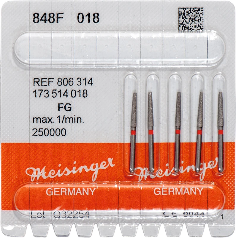 Diamanten 848  Packung  5 Stück rot fein, FG, Figur 173 Konus Kante scharf, 10 mm, ISO 018