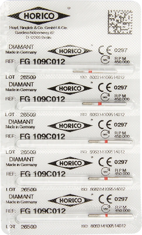 Diamantschleifer 109  Packung  5 Stück rot fein, FG, Figur 109, 4 mm, ISO FG, Figur 109, 4 mm, ISO 012