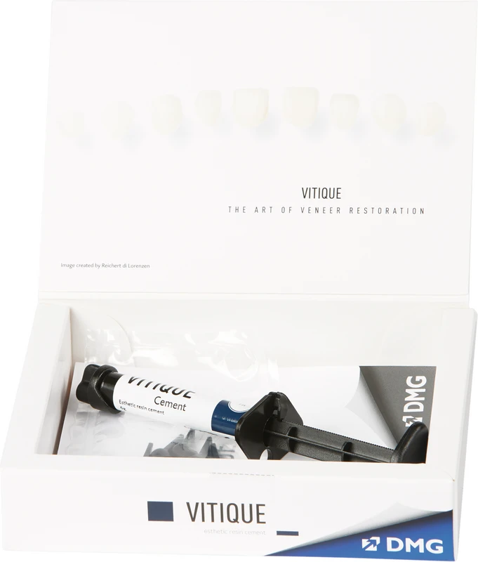 Vitique  Packung  6 g Spritze Zement transparent, 10 Veneer-Tips