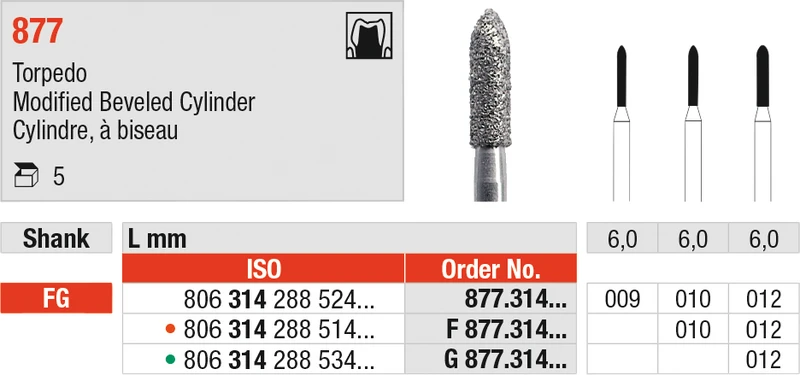 Diamanten 877  Packung  5 Stück grün grob, FG, Figur 288 Torpedo, 6 mm, ISO 012